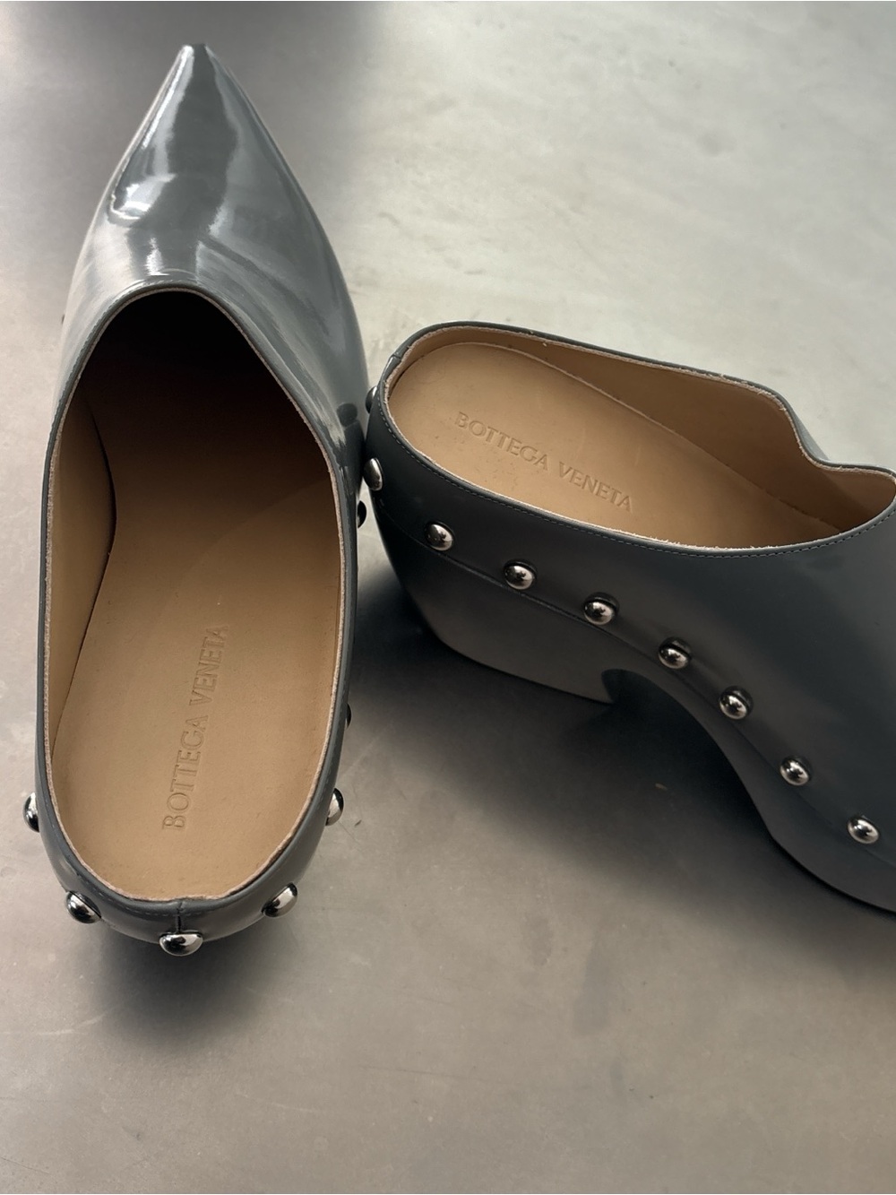 Bottega Veneta Gray Patent Leather Studded Mules